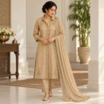 Beige Embroidered Collared Women's Kurti Set