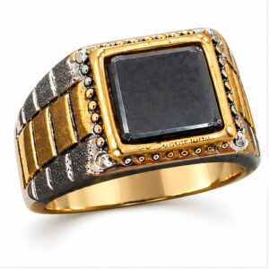 Two-Tone Square Black Stone Statement Ring for Men