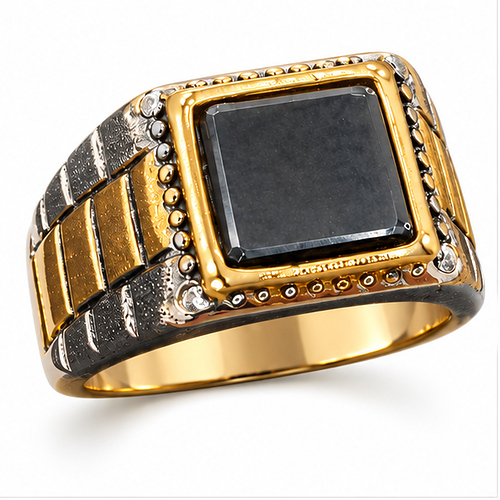 Two-Tone Square Black Stone Statement Ring for Men