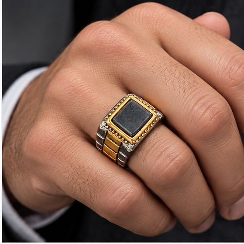 Two-Tone Square Black Stone Statement Ring for Men - Image 2