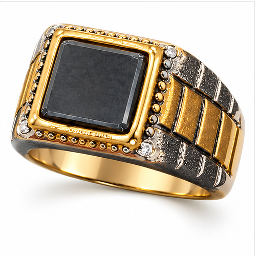 Two-Tone Square Black Stone Statement Ring for Men - Image 3