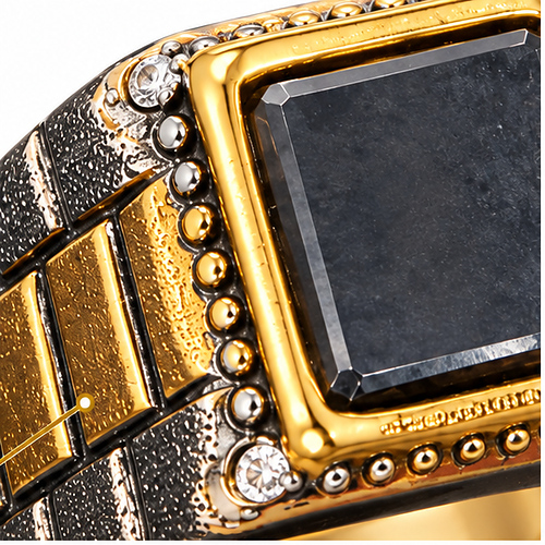 Two-Tone Square Black Stone Statement Ring for Men - Image 4