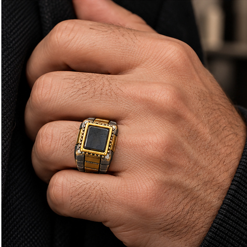 Two-Tone Square Black Stone Statement Ring for Men - Image 5