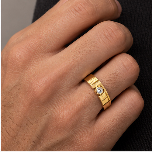 Gold-Tone Minimal Single Stone Ring for Men - Image 2