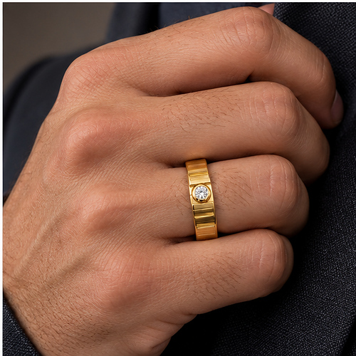 Gold-Tone Minimal Single Stone Ring for Men - Image 5