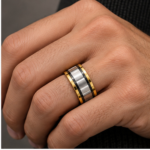 Gold Silver Black Two-Tone Wide Band Ring for Men - Image 7