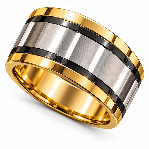 Gold Silver Black Two-Tone Wide Band Ring for Men - Image 3