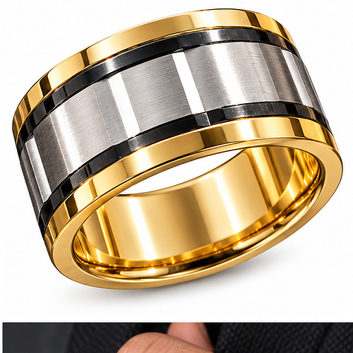 Gold Silver Black Two-Tone Wide Band Ring for Men - Image 5