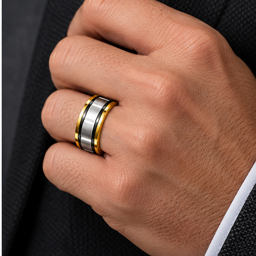 Gold Silver Black Two-Tone Wide Band Ring for Men - Image 2