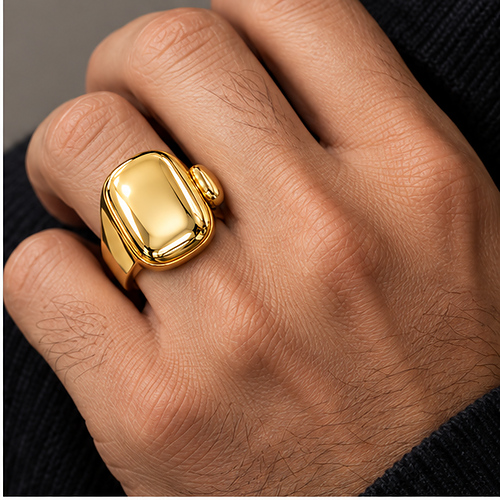 Gold-Tone Oversized Rectangular Signet Ring for Men - Image 5