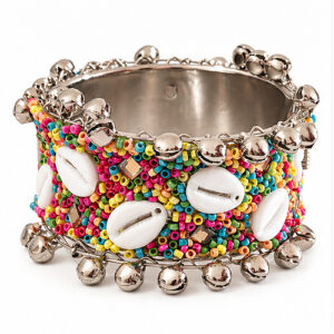 Women's Oxidised Silver Multicolour shell & bead Wide Cuff/Kada