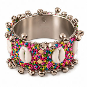 Women's Oxidised Silver Multicolour shell & bead Wide Cuff/Kada