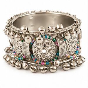 Women's Oxidised Silver Pastel stone & charm Wide Cuff/Kada