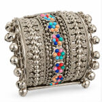Women's Oxidised Silver Multicolour bead & ghungroo Extra-Wide Cuff/Kada