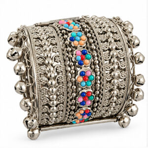 Women's Oxidised Silver Multicolour bead & ghungroo Extra-Wide Cuff/Kada