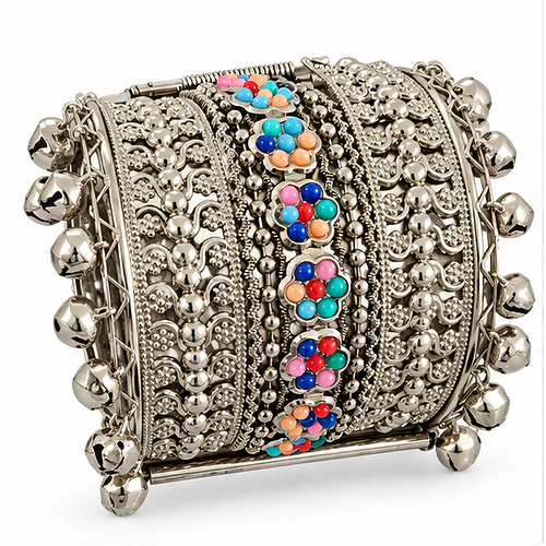 Women's Oxidised Silver Multicolour bead & ghungroo Extra-Wide Cuff/Kada