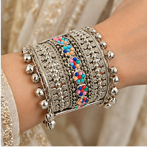 Women's Oxidised Silver Multicolour bead & ghungroo Extra-Wide Cuff/Kada - Image 4