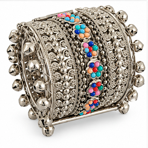 Women's Oxidised Silver Multicolour bead & ghungroo Extra-Wide Cuff/Kada - Image 3