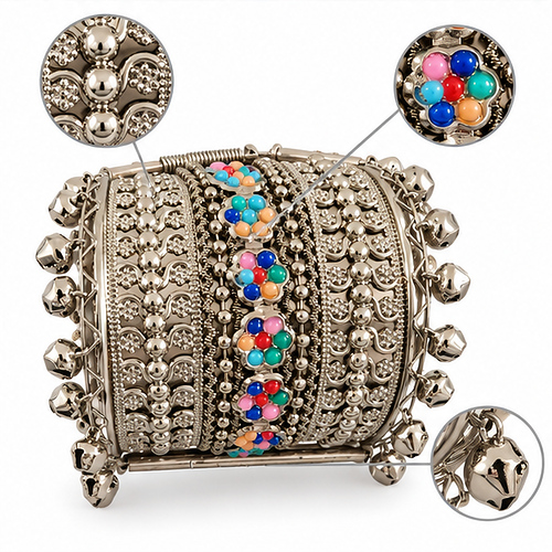 Women's Oxidised Silver Multicolour bead & ghungroo Extra-Wide Cuff/Kada - Image 6