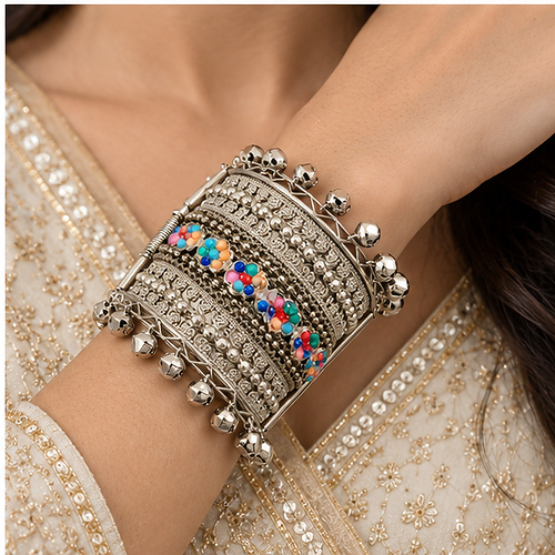 Women's Oxidised Silver Multicolour bead & ghungroo Extra-Wide Cuff/Kada - Image 2