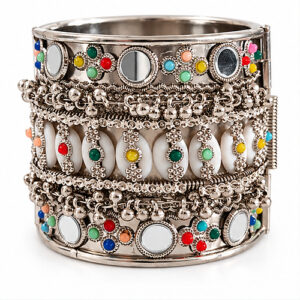 Women's Oxidised Silver Mirror, shell & bead Wide Cuff/Kada