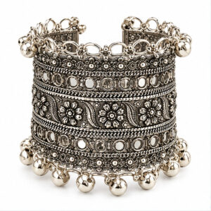 Women's Oxidised Silver Engraved tribal Wide Cuff/Kada