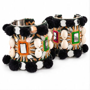 Women's Black / Multicolour Shell, mirror & pom-pom Fabric Cuff/Kada