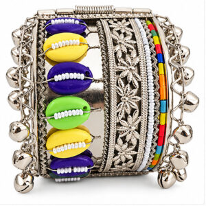 Women's Oxidised Silver / Multicolour Shell & layered metalwork Extra-Wide Cuff/Kada