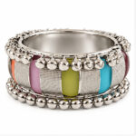 Women's Oxidised Silver / Pastel Pastel stone & ghungroo Wide Cuff/Kada