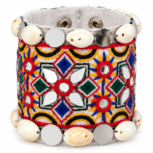 Women's Multicolour / Silver Embroidered mirror work Fabric Cuff/Kada