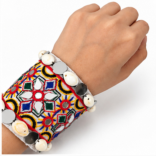 Women's Multicolour / Silver Embroidered mirror work Fabric Cuff/Kada - Image 3