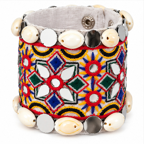 Women's Multicolour / Silver Embroidered mirror work Fabric Cuff/Kada - Image 4