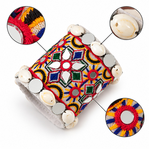 Women's Multicolour / Silver Embroidered mirror work Fabric Cuff/Kada - Image 5