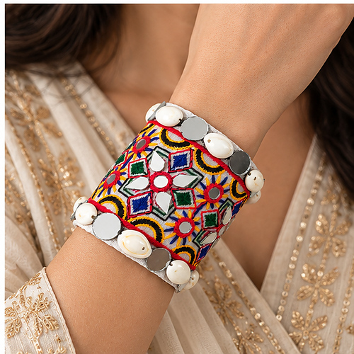 Women's Multicolour / Silver Embroidered mirror work Fabric Cuff/Kada - Image 2