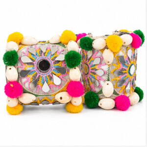 Women's Multicolour Mirror embroidery & pom-pom Fabric Cuff/Kada