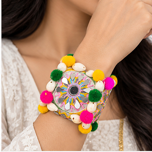 Women's Multicolour Mirror embroidery & pom-pom Fabric Cuff/Kada - Image 5