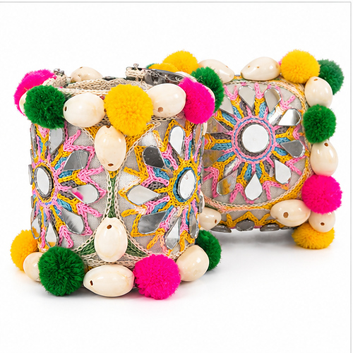 Women's Multicolour Mirror embroidery & pom-pom Fabric Cuff/Kada - Image 3
