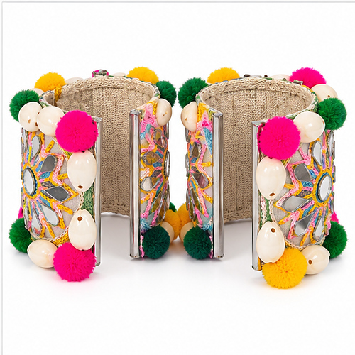 Women's Multicolour Mirror embroidery & pom-pom Fabric Cuff/Kada - Image 7