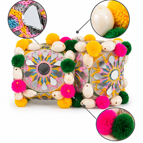 Women's Multicolour Mirror embroidery & pom-pom Fabric Cuff/Kada - Image 6