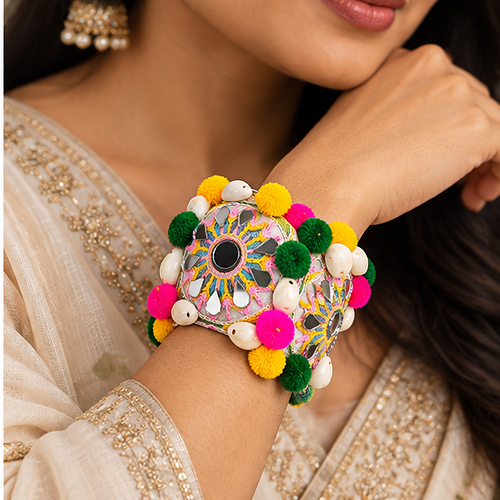 Women's Multicolour Mirror embroidery & pom-pom Fabric Cuff/Kada - Image 2