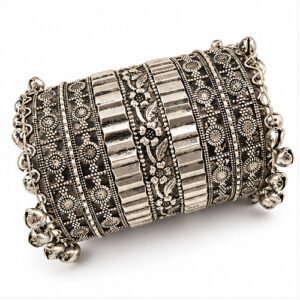 Women's Oxidised Silver Layered tribal metalwork Extra-Wide Cuff/Kada