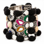 Women's Black / Multicolour Shell, mirror & pom-pom Fabric Cuff/Kada