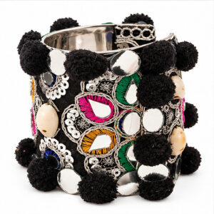 Women's Black / Multicolour Shell, mirror & pom-pom Fabric Cuff/Kada