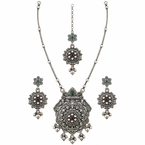Women's Long Chain Oval Floral Pendant Set