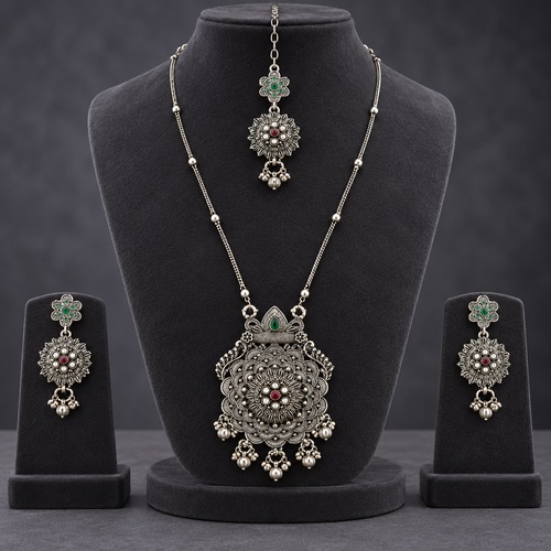 Women's Long Chain Oval Floral Pendant Set - Image 6