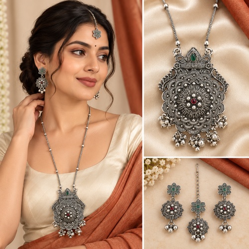 Women's Long Chain Oval Floral Pendant Set - Image 5