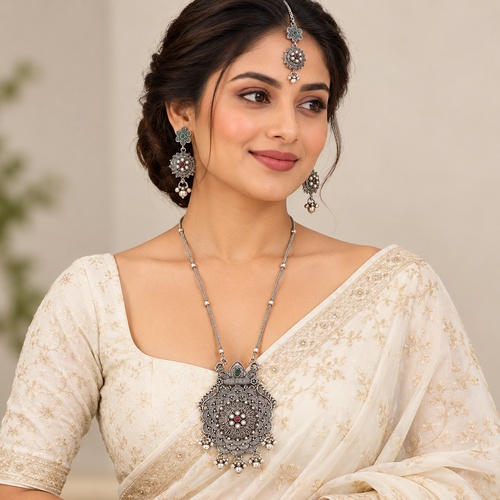 Women's Long Chain Oval Floral Pendant Set - Image 7