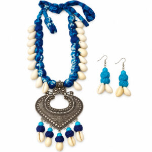 Women's Blue Shell Tassel Boho Statement Necklace Jewellery Set